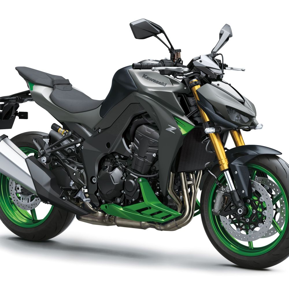 Kawasaki Z1100 SE Modelljahr 2027 in Schwarz, Grau und Grün seitlich stehend