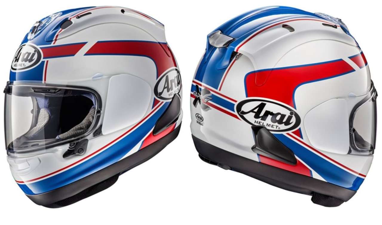 Arai RX-7V Schwantz Pepsi: Ähnlich dem Spencer-Design, mit anderen Farbtönen. Erinnert an die legendäre Pepsi-Lackierung von Schwantz.